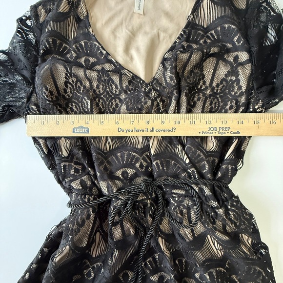 Tacera Black Lace Dress Womens Large Nude Lined Cocktail Party Belted - Picture 3 of 10